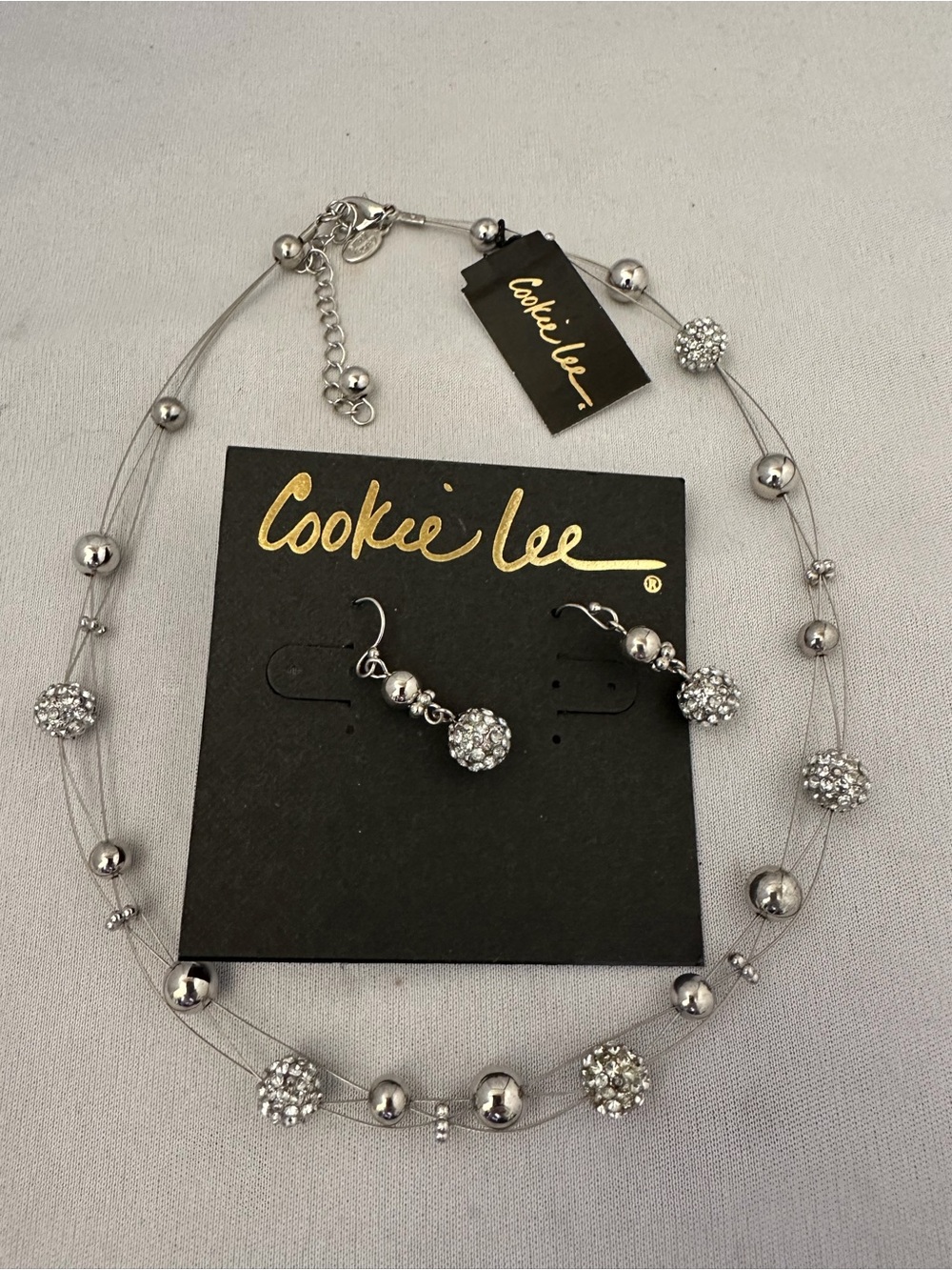 Cookie Lee Silver Crystal Multi-Strand Necklace with Pavé Drop Earrings - Picture 3 of 4